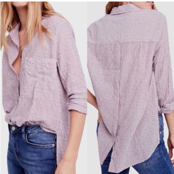 Free People No Limits Striped Split Back Top Red Pink Sangria Combo Button Front - Picture 12 of 12